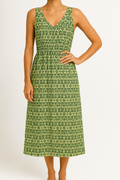 Women's Midi Dress – Sleeveless – Bohemian Print – V-neck – Waistband – Light and Airy
