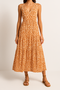 Women's Midi Dress – Sleeveless V-neck – Relaxed Fit – A-line with Abstract Print