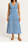 Women's Midi Dress – Sleeveless V-neck – Relaxed Fit – A-line with Abstract Print