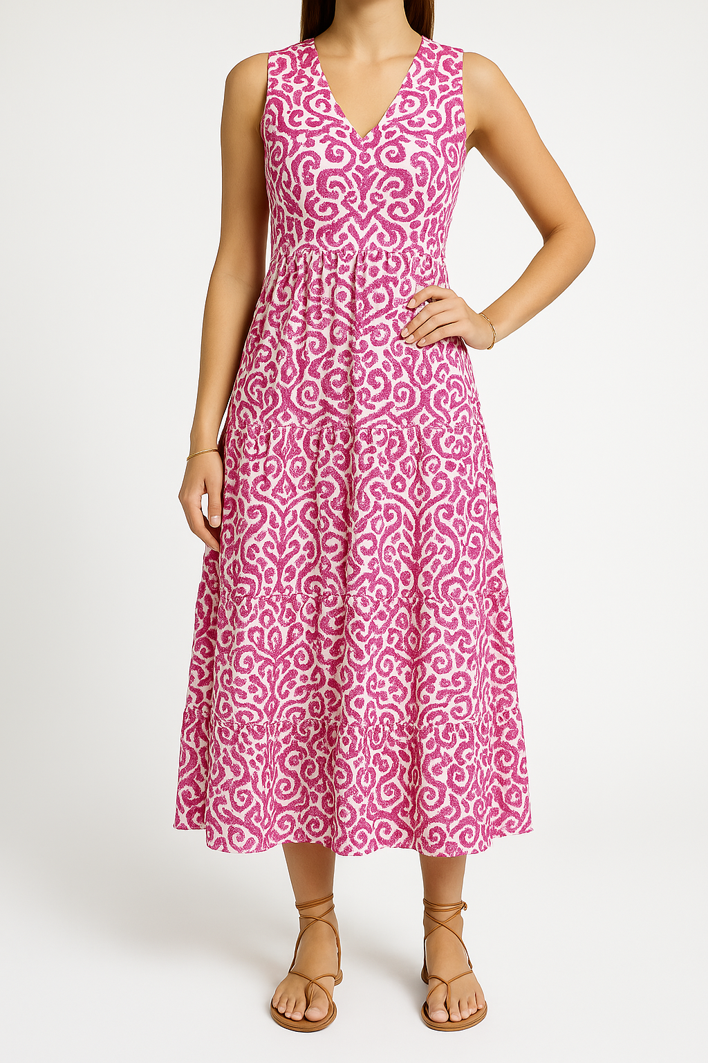 Women's Midi Dress – Sleeveless V-neck – Relaxed Fit – A-line with Abstract Print