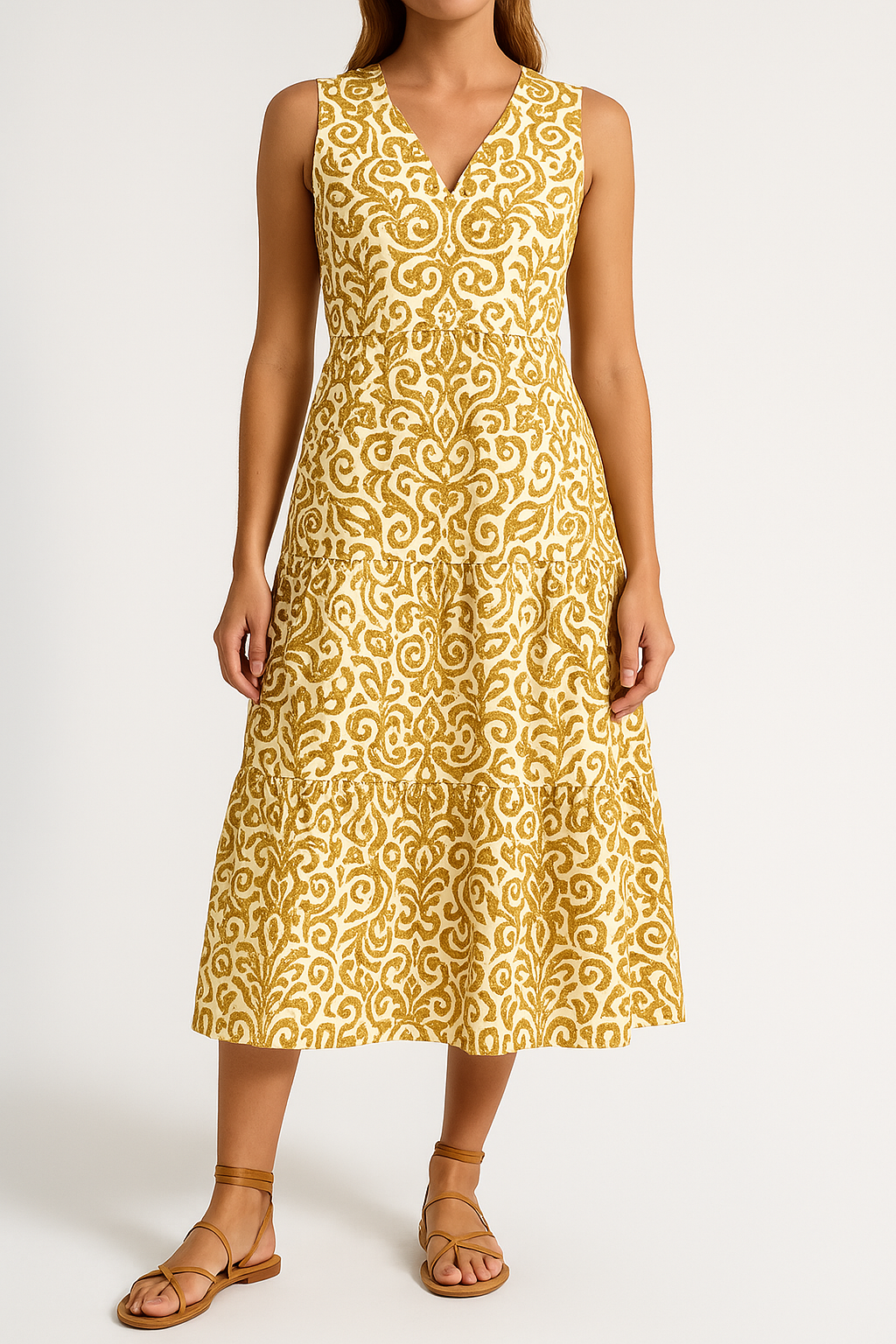 Women's Midi Dress – Sleeveless V-neck – Relaxed Fit – A-line with Abstract Print