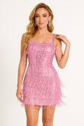 Women's Dress – Bodycon Fit – Sequin Fringes – Mini Length – Square Neckline