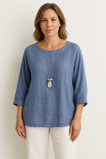 Dame T-shirt – 100% Bomuld – Løs Pasform – 3/4 Ærmer – Rund Hals Casual Style
