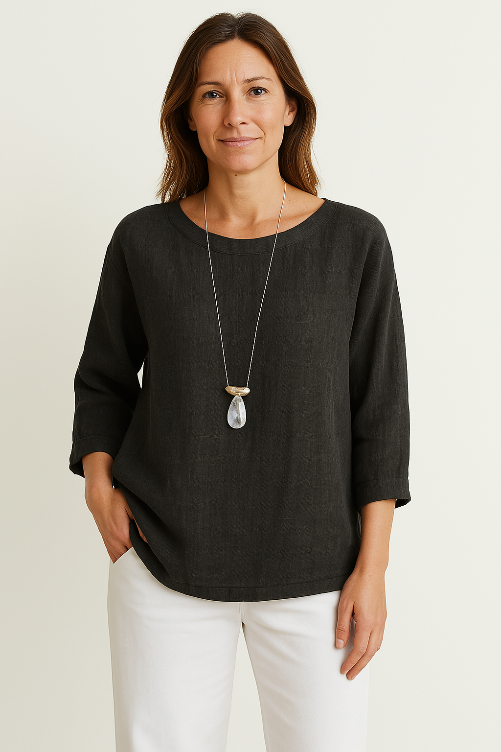 Dame T-shirt – 100% Bomuld – Løs Pasform – 3/4 Ærmer – Rund Hals Casual Style