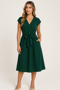 Women's A-line dress – V-neck – Short sleeve – Tie belt – Midi – With pockets