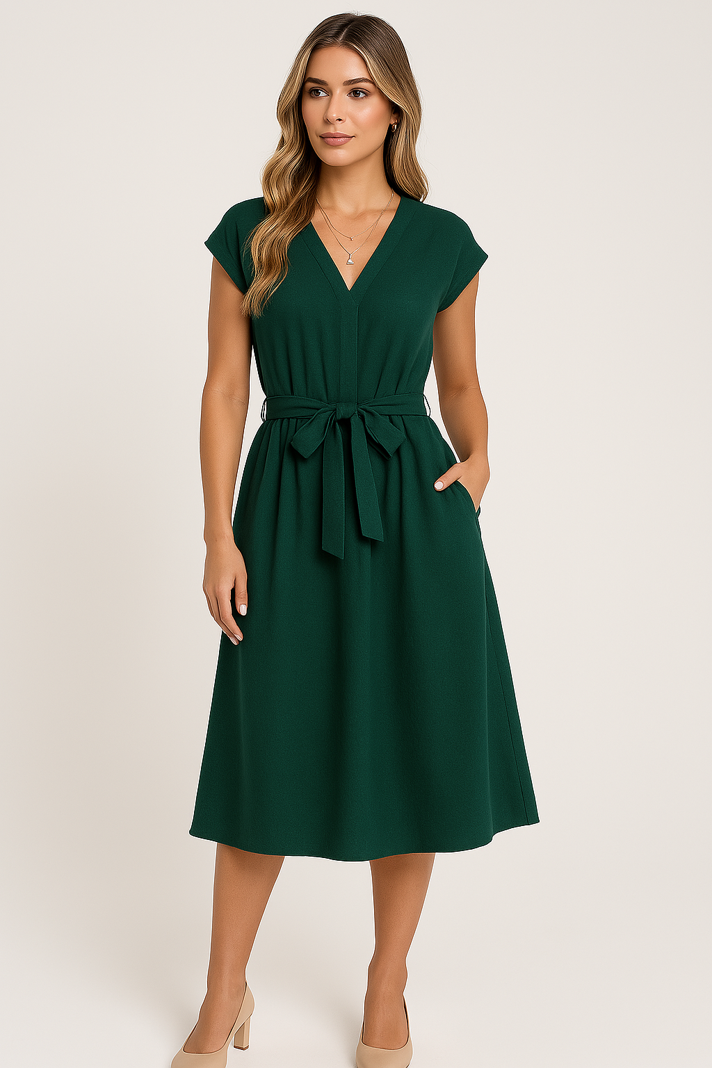 Women's A-line dress – V-neck – Short sleeve – Tie belt – Midi – With pockets