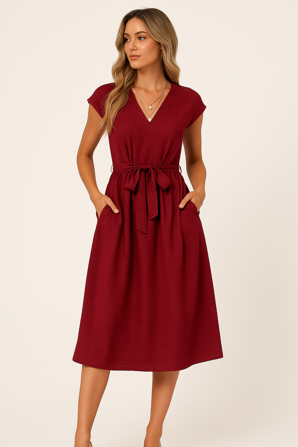 Pockets Tie Belt Midi A-Line Dress