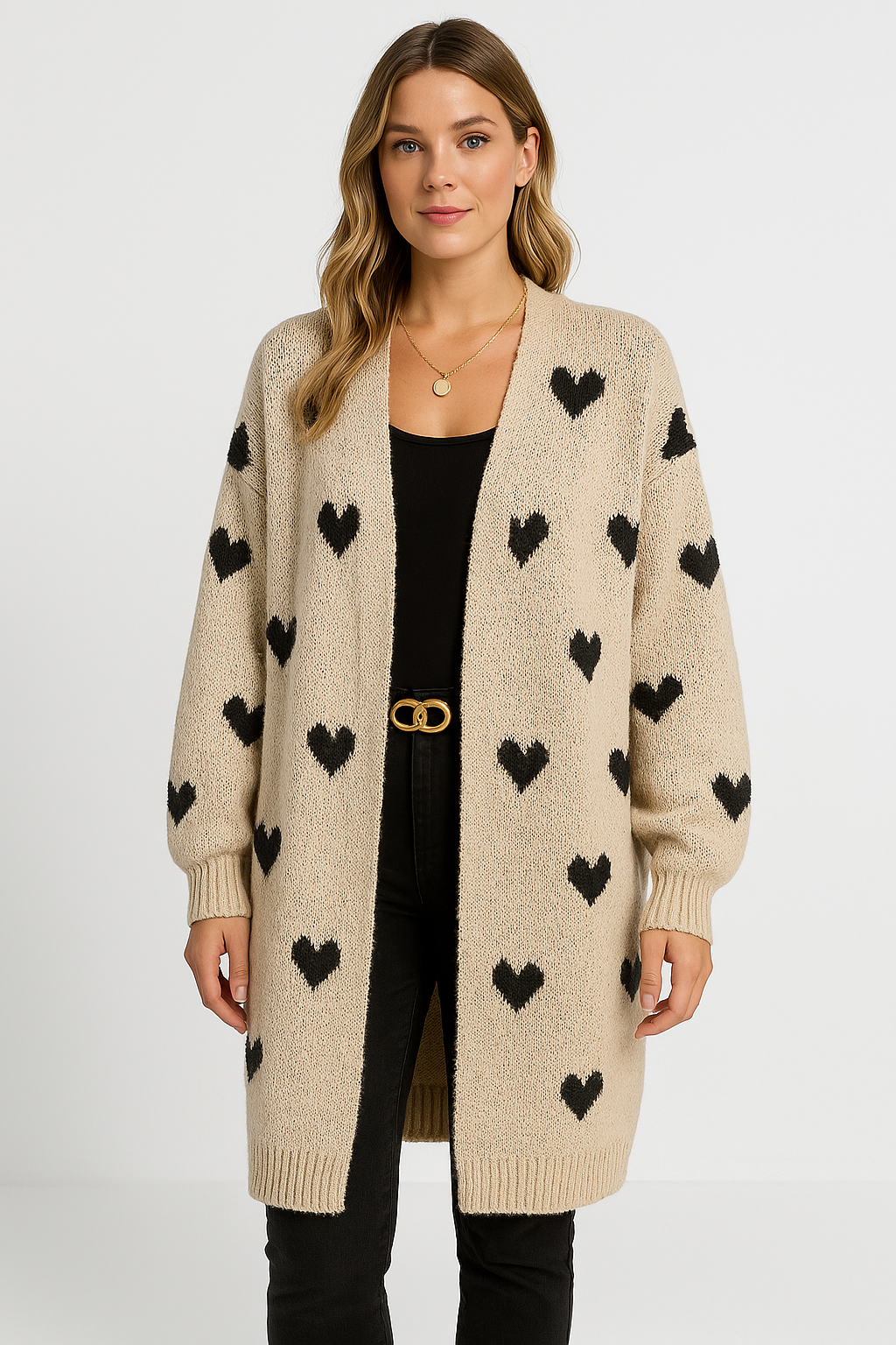 Dame Cardigan – Lang Strik – Oversize Pasform – Hjerte Mønster – Åben Front
