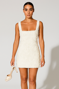 Women's Mini Dress – Bodycon Fit – 3D Flower Appliqué – Straight Neckline