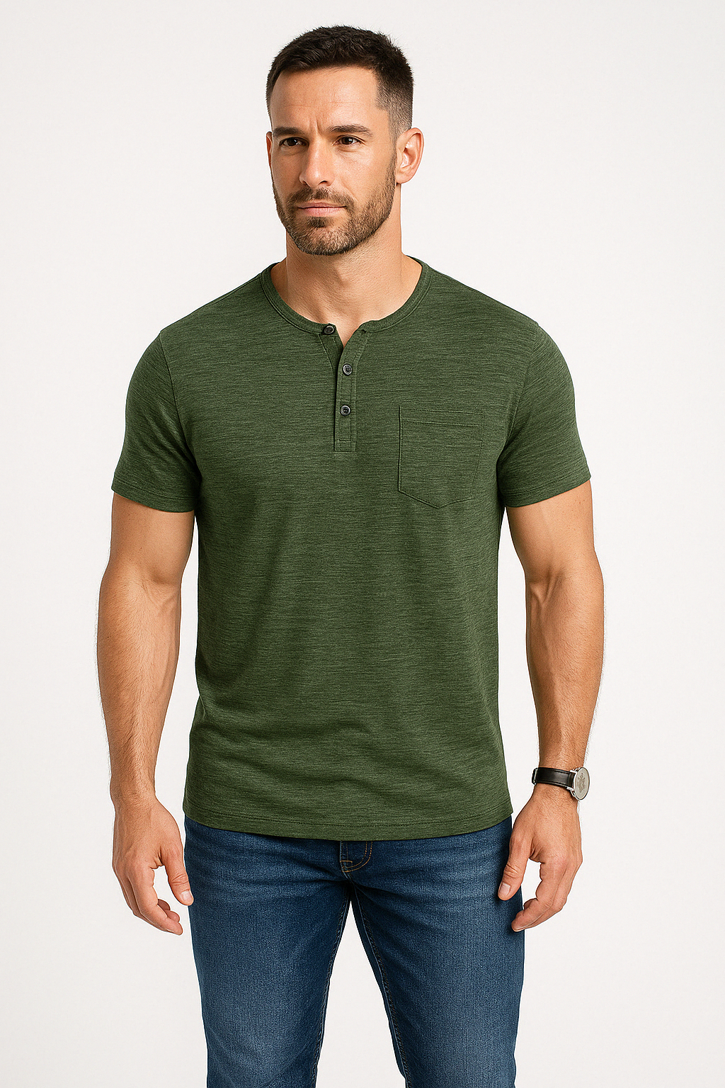 Herre T-shirt – Slim Fit – Blød bomuldsblanding – Henley-hals – Kort ærme