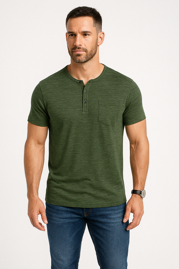 Herre T-shirt – Slim Fit – Blød bomuldsblanding – Henley-hals – Kort ærme