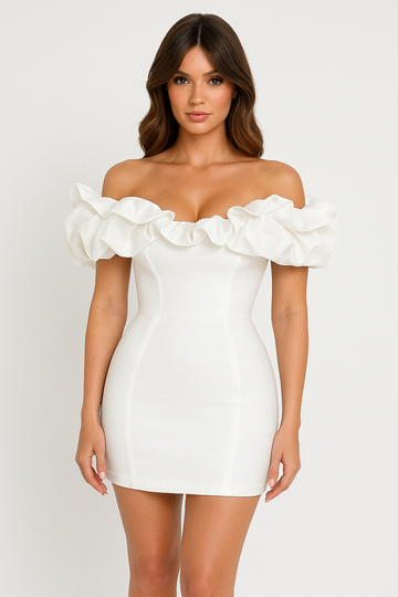 Kjole til kvinder – Mini – Off shoulder med flæser – Slankt snit – Bodycon festkjole