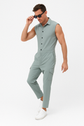 Men's Jumpsuit – Slim Fit – Sleeveless – Button Closure – Shirt Collar – Cargo Details