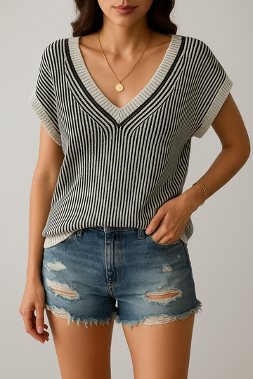 Dame Sweater Vest – V-hals Strik – Afslappet Pasform – Ærmeløs Ribstruktur