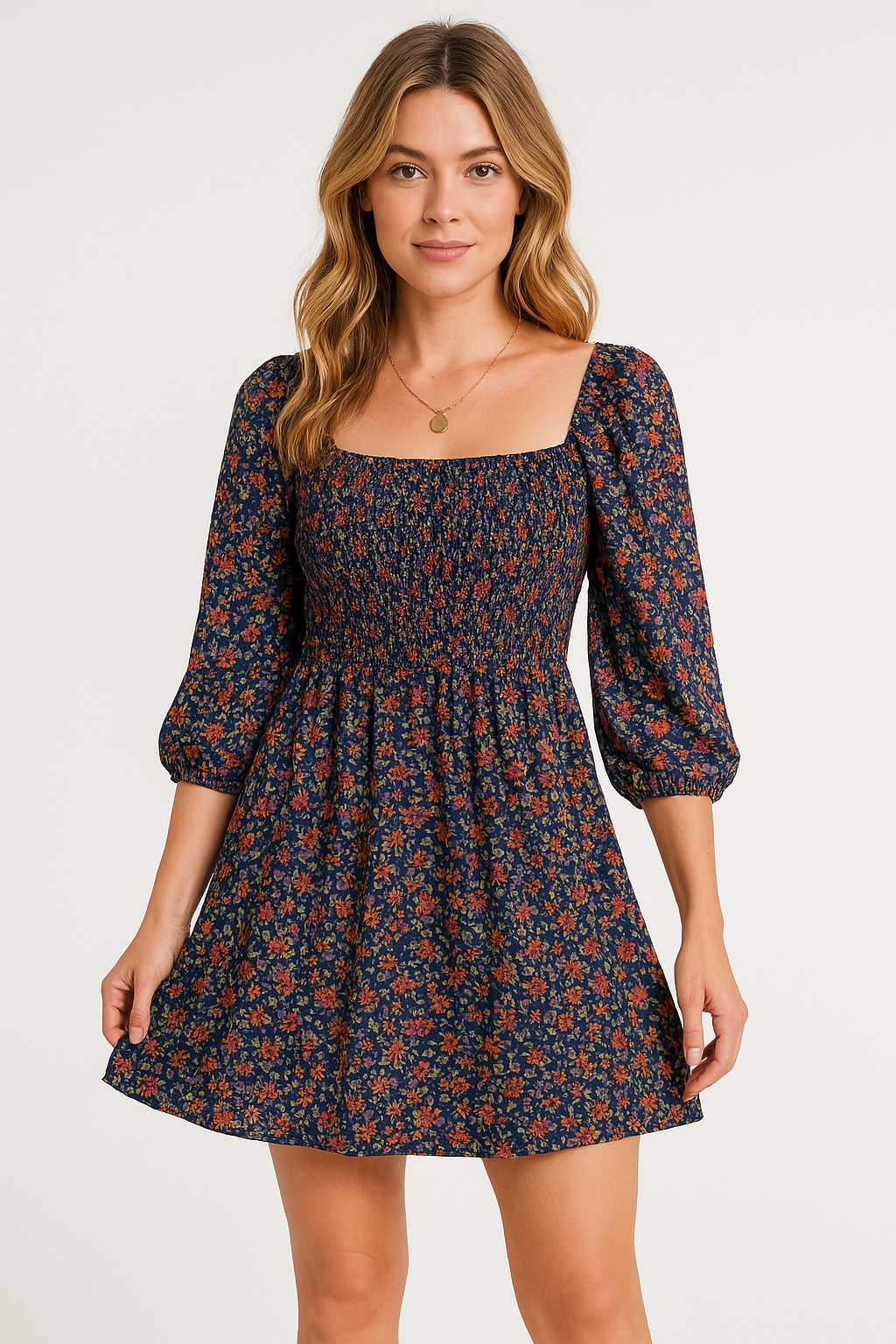 Women's Dress A-line – Lightweight Cotton – Shirred Bodice – Puff Sleeves – U-neck