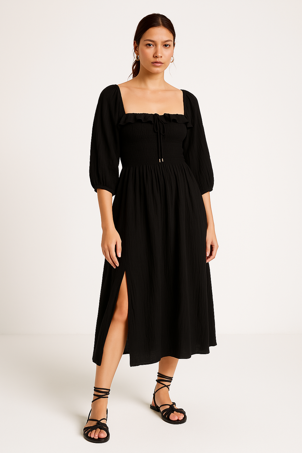 Women's Midi Dress – A-line Fit – Cotton Blend – V-neck with Ruffles – Long Sleeves