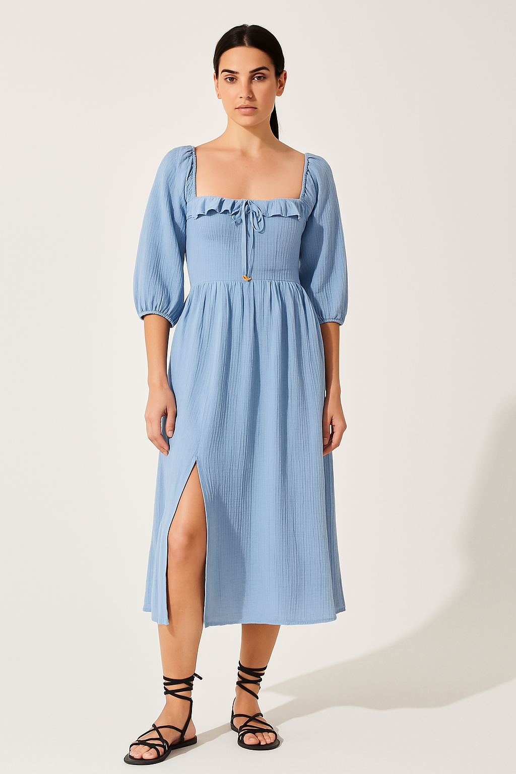 Cotton Blend Ruffled V-Neck Midi Dress