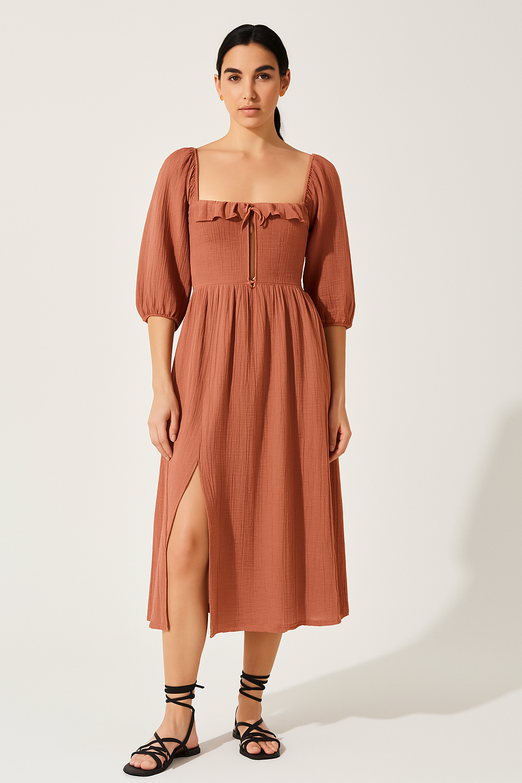 Cotton Blend Ruffled V-Neck Midi Dress