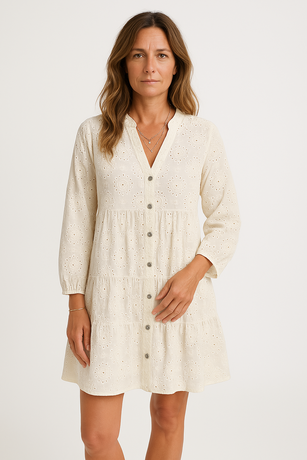 Cotton V-neck Loose Fit Embroidered Dress