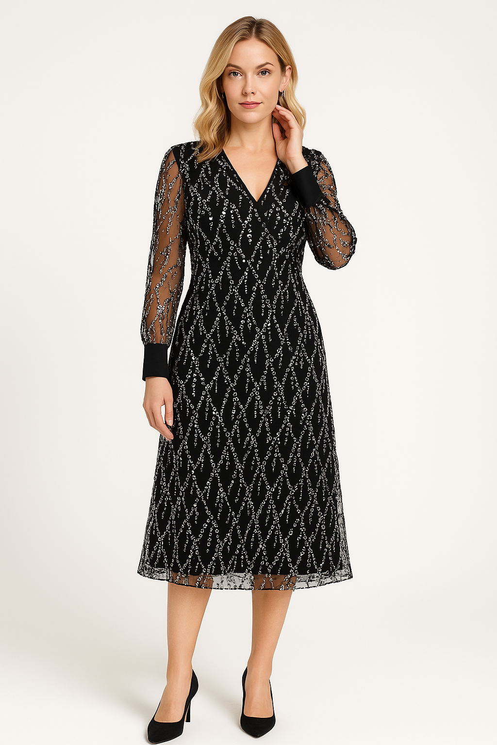 Dame Maxikjole – V-hals – Lange Ærmer – Pailletter – Elegant A-formet Pasform