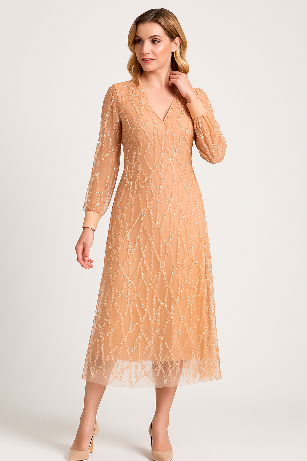 Dame Maxikjole – V-hals – Lange Ærmer – Pailletter – Elegant A-formet Pasform