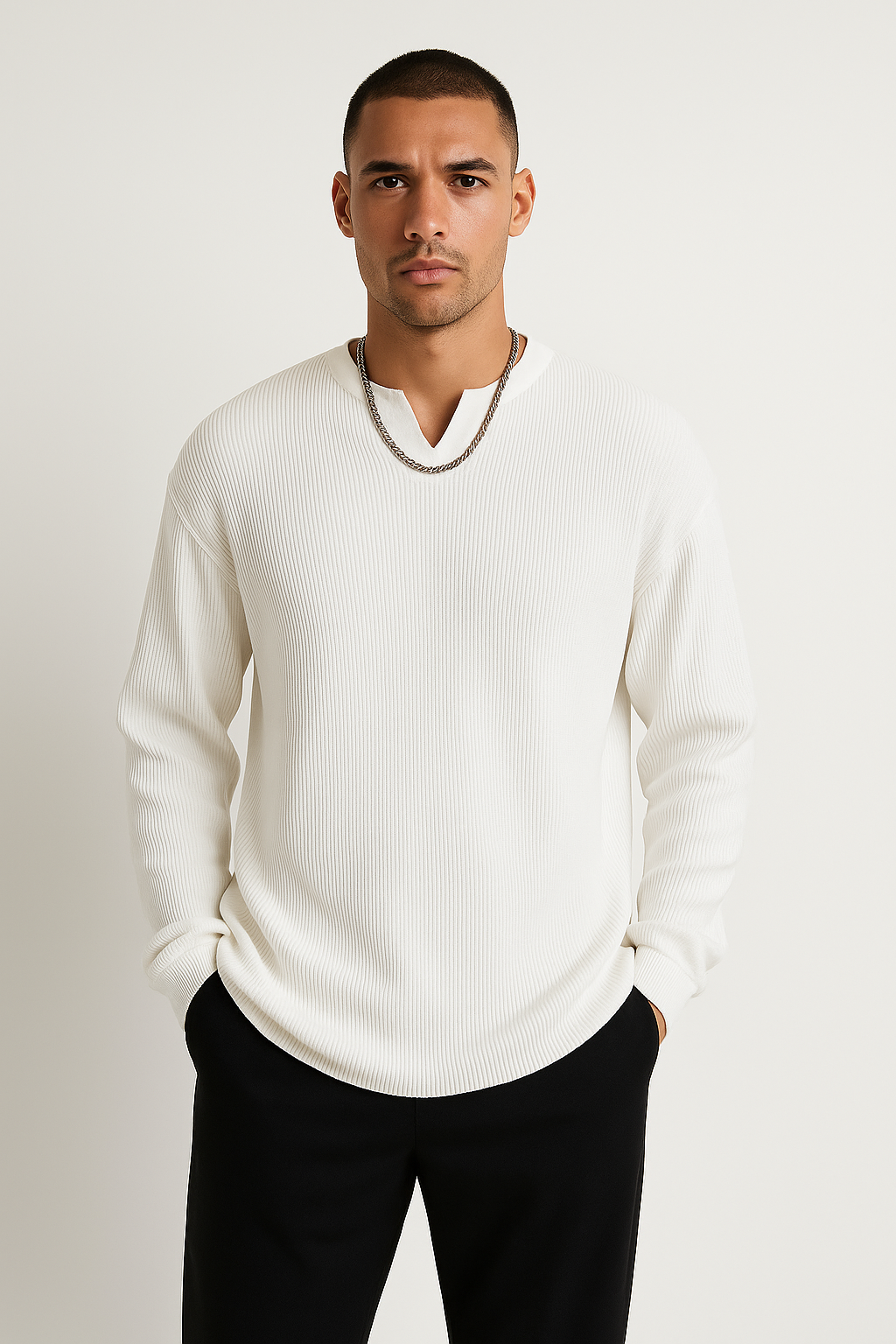 Rib Knit Relaxed Fit V-Neck Long-Sleeve T-Shirt