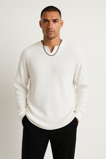 Rib Knit Relaxed Fit V-Neck Long-Sleeve T-Shirt