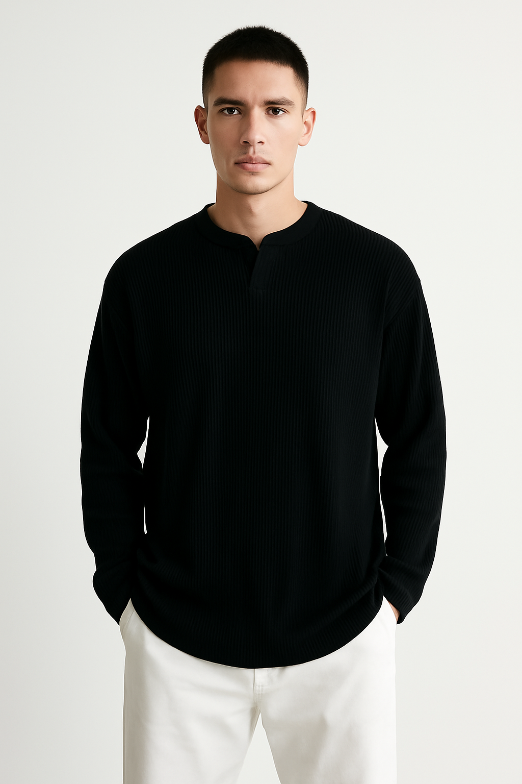 Rib Knit Relaxed Fit V-Neck Long-Sleeve T-Shirt