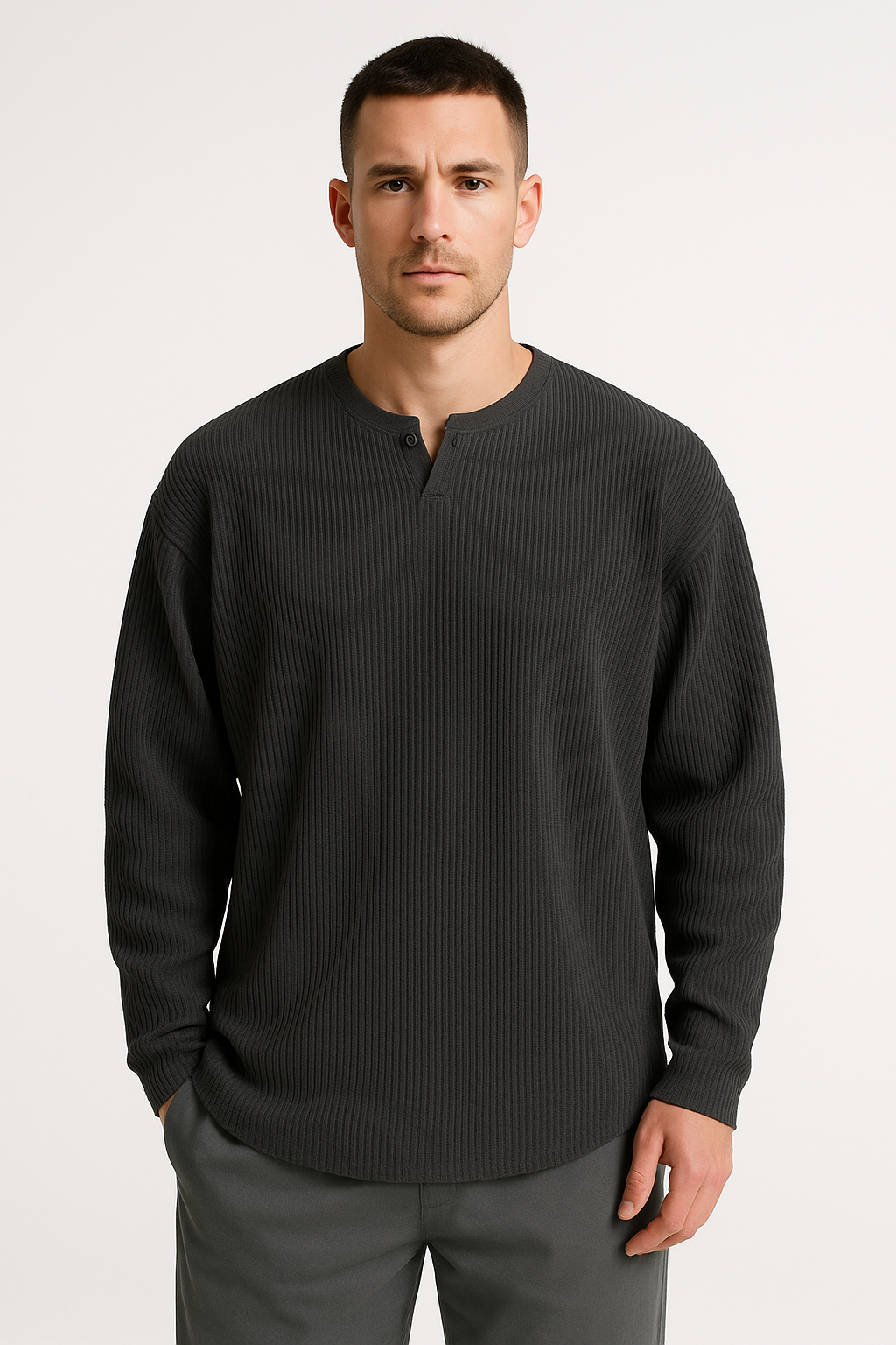 Men's Long-Sleeve T-Shirt – Rib Knit – Relaxed Fit – V-Neck Comfort Top