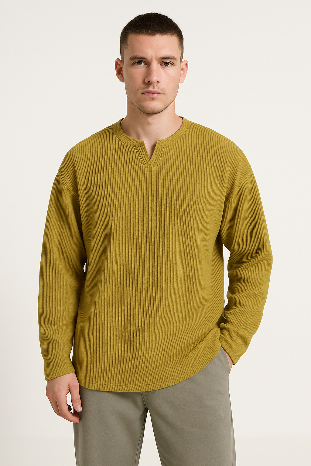 Men's Long-Sleeve T-Shirt – Rib Knit – Relaxed Fit – V-Neck Comfort Top