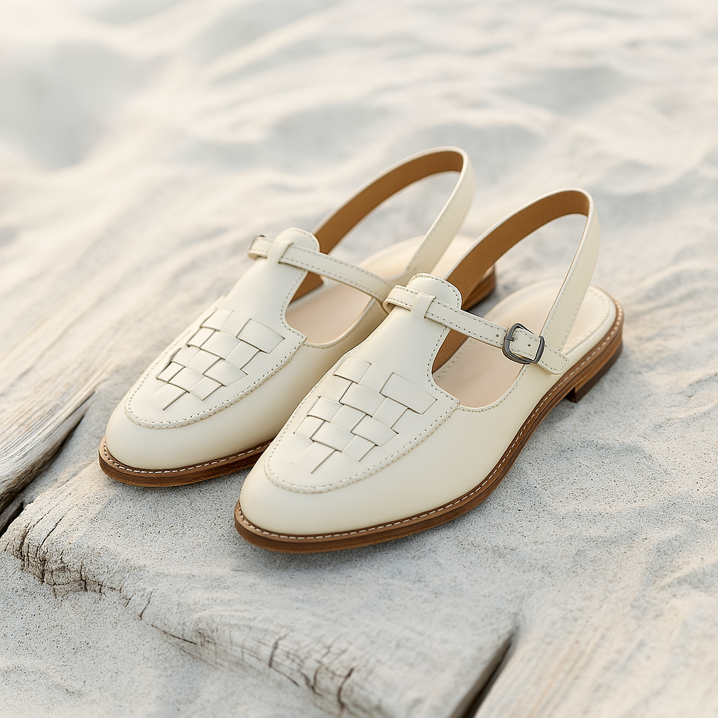 Men's Sandals – Leather – Woven Upper – T-Strap – Adjustable Buckle – Classic Fit