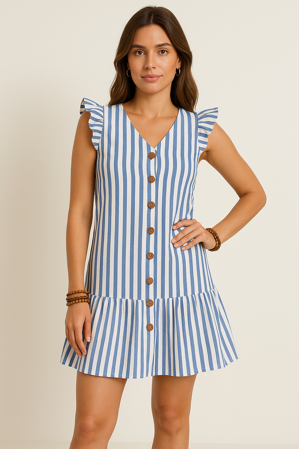 A-Line Striped Ruched Sleeve Mini Dress
