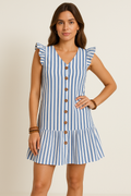 Women's Mini Dress – V-Neck – Ruched Sleeves – Button Closure – A-Line – Striped