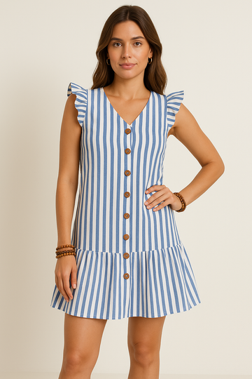 A-Line Striped Ruched Sleeve Mini Dress