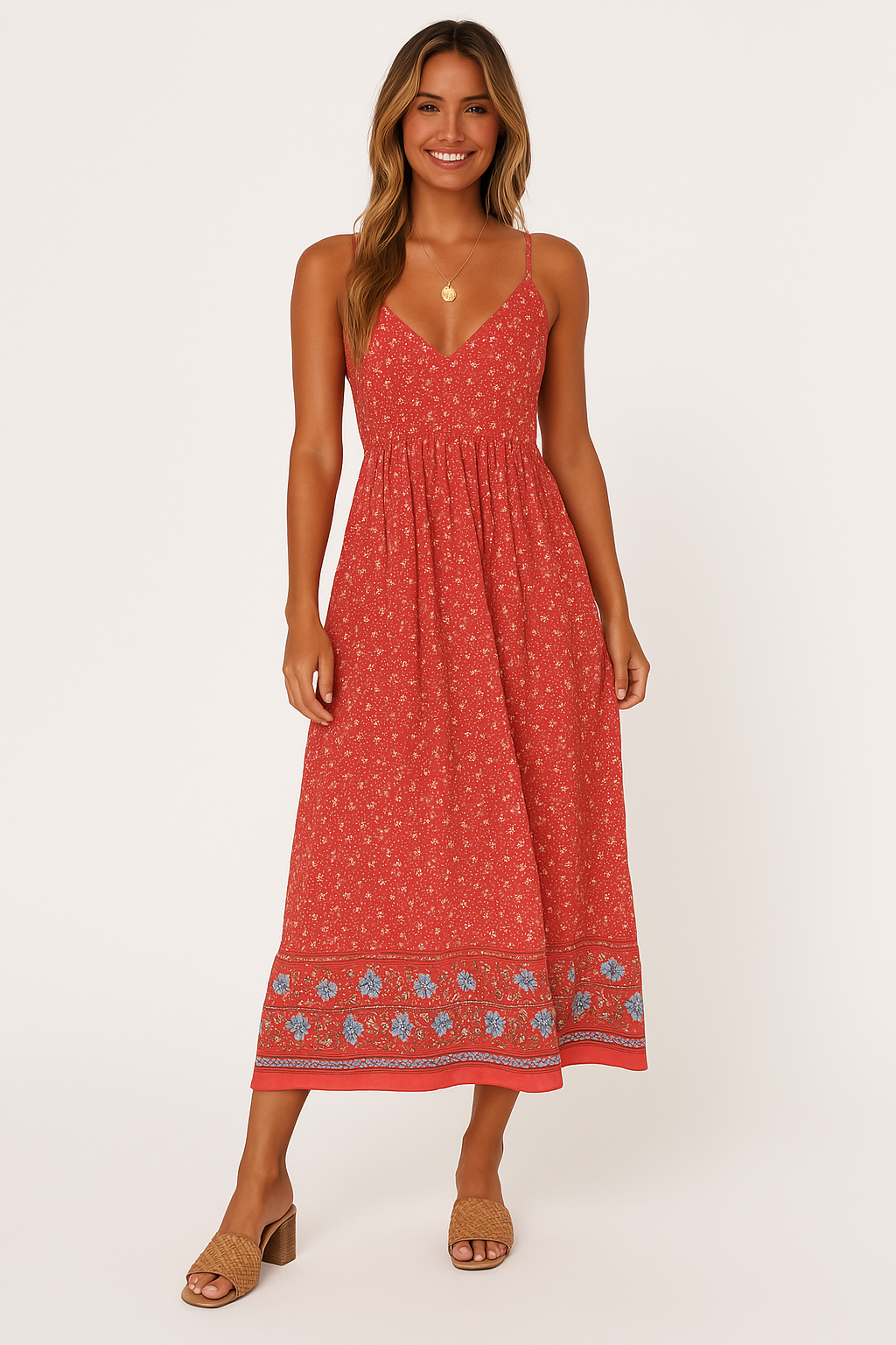 Kjole til kvinder – Maxi – Bohemepasform – V-hals – Let og åndbar – Blomsterprint