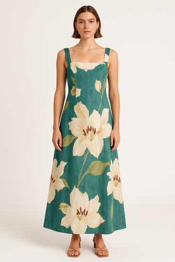 Dame Maxi Kjole – Bomuldsblend – A-formet – Ærmeløs – Firkantet Hals – Blomstermønster