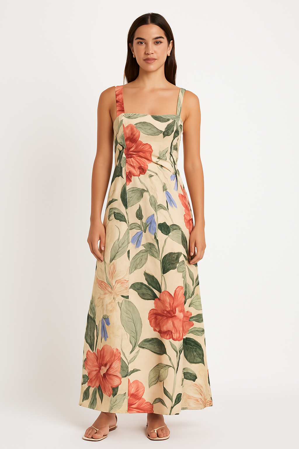 Dame Maxi Kjole – Bomuldsblend – A-formet – Ærmeløs – Firkantet Hals – Blomstermønster