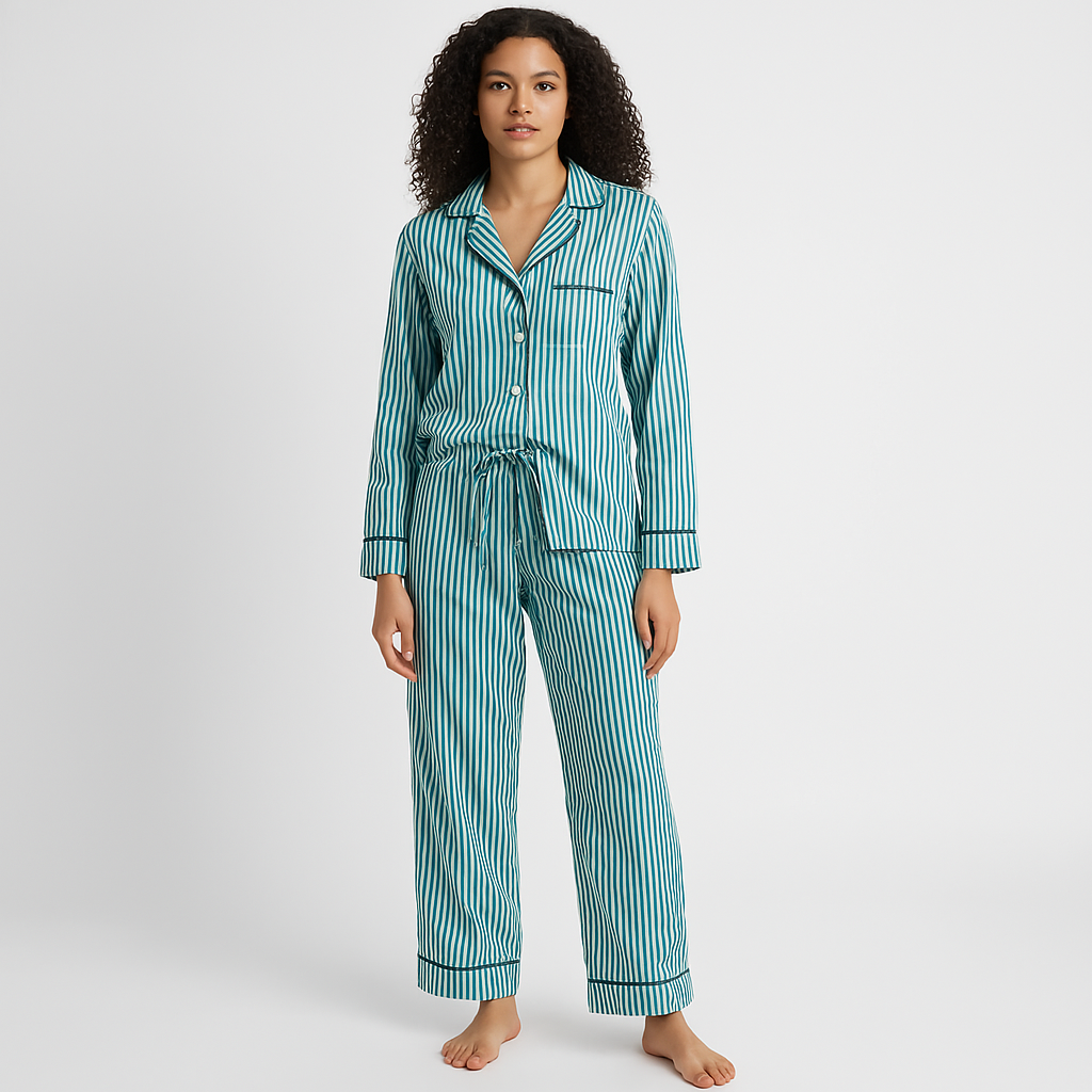 Dame Loungewear Sæt – Bomuldsblanding – Afslappet Pasform – Stribet – Knaplukning