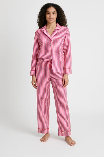 Dame Loungewear Sæt – Bomuldsblanding – Afslappet Pasform – Stribet – Knaplukning