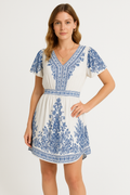 Women's Mini Dress – Light Cotton – Relaxed Fit – V-Neck – Short Sleeves – Print