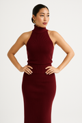 Dress for women – Ribbed knit – Slim fit – High neck – Backless – Sleeveless