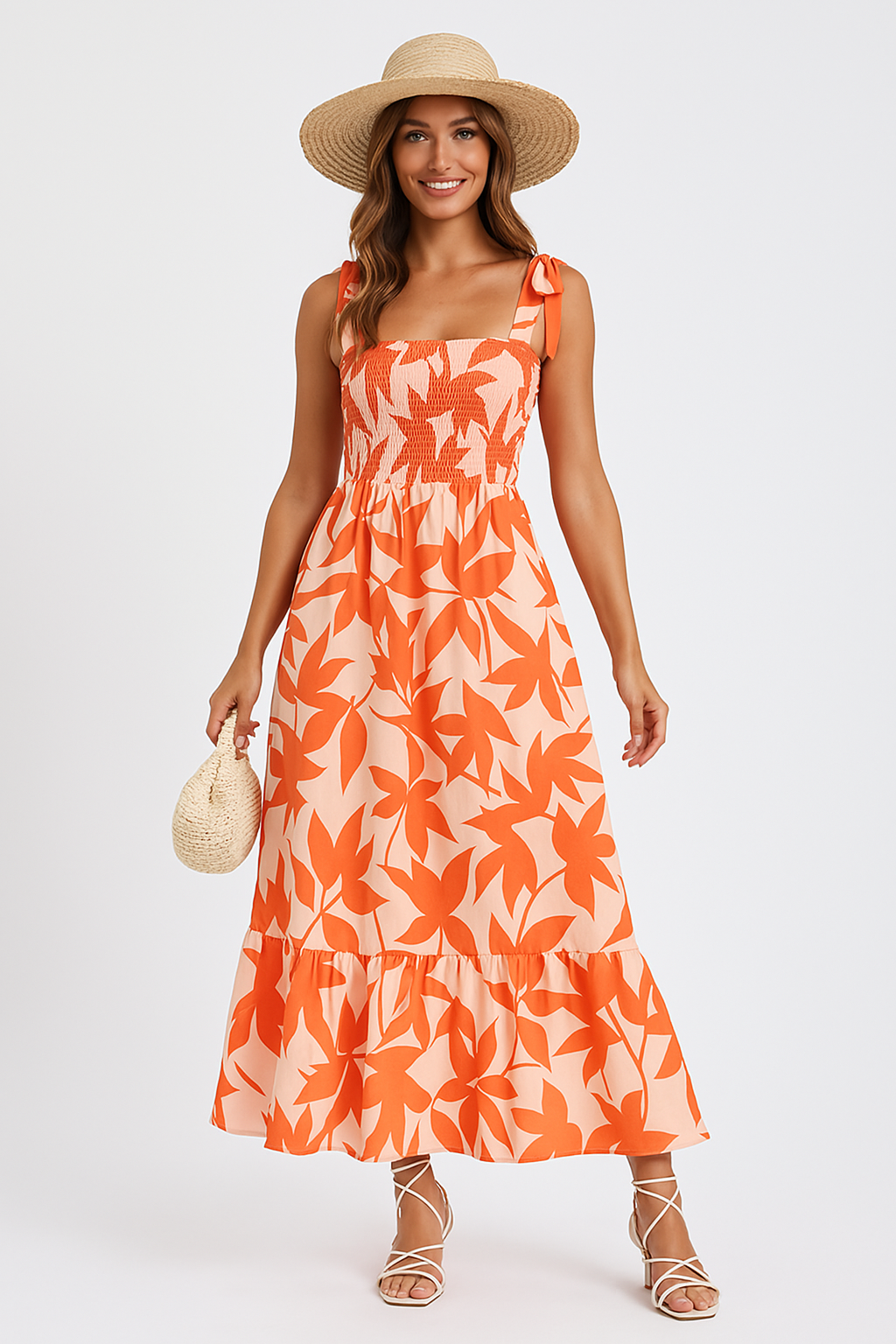 Light Cotton Tie Strap Ruffle Maxi Dress