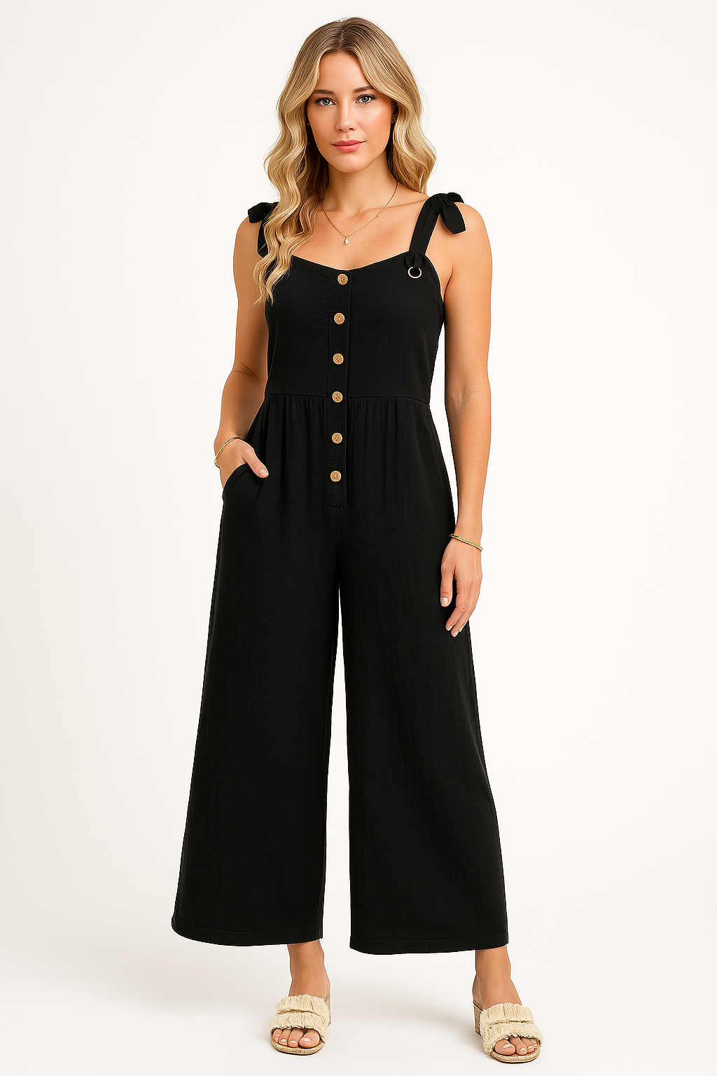 Light Cotton Blend Relaxed Wide Leg Jumpsuit