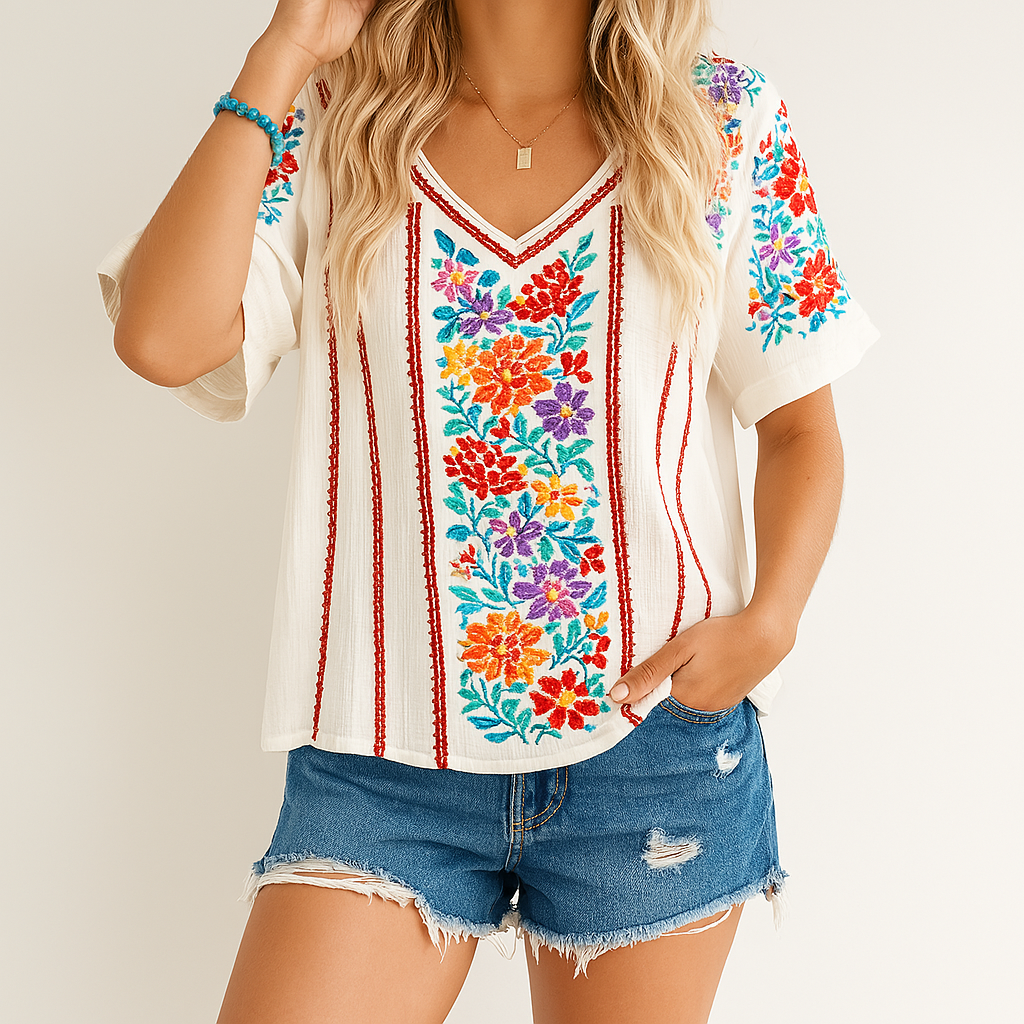 Embroidered Cotton Blend Relaxed V-Neck T-shirt