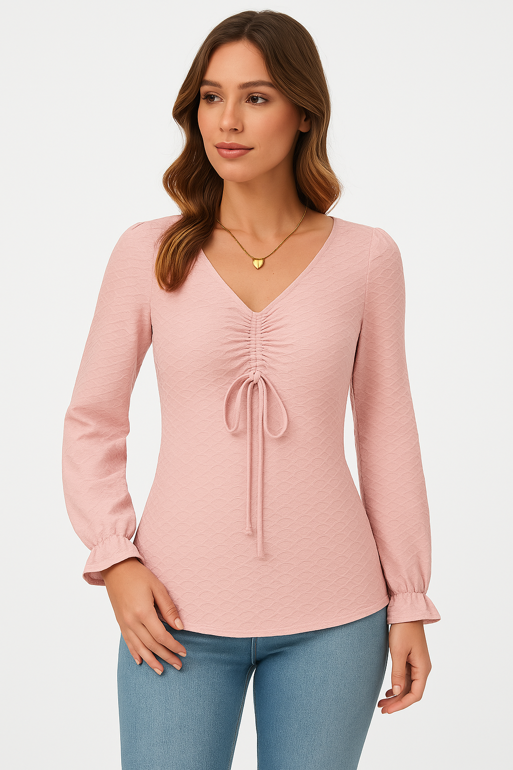 Dame T-shirt med lange ærmer – Slim fit – V-hals – Tekstureret stof – Snøreliv