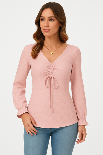 Dame T-shirt med lange ærmer – Slim fit – V-hals – Tekstureret stof – Snøreliv