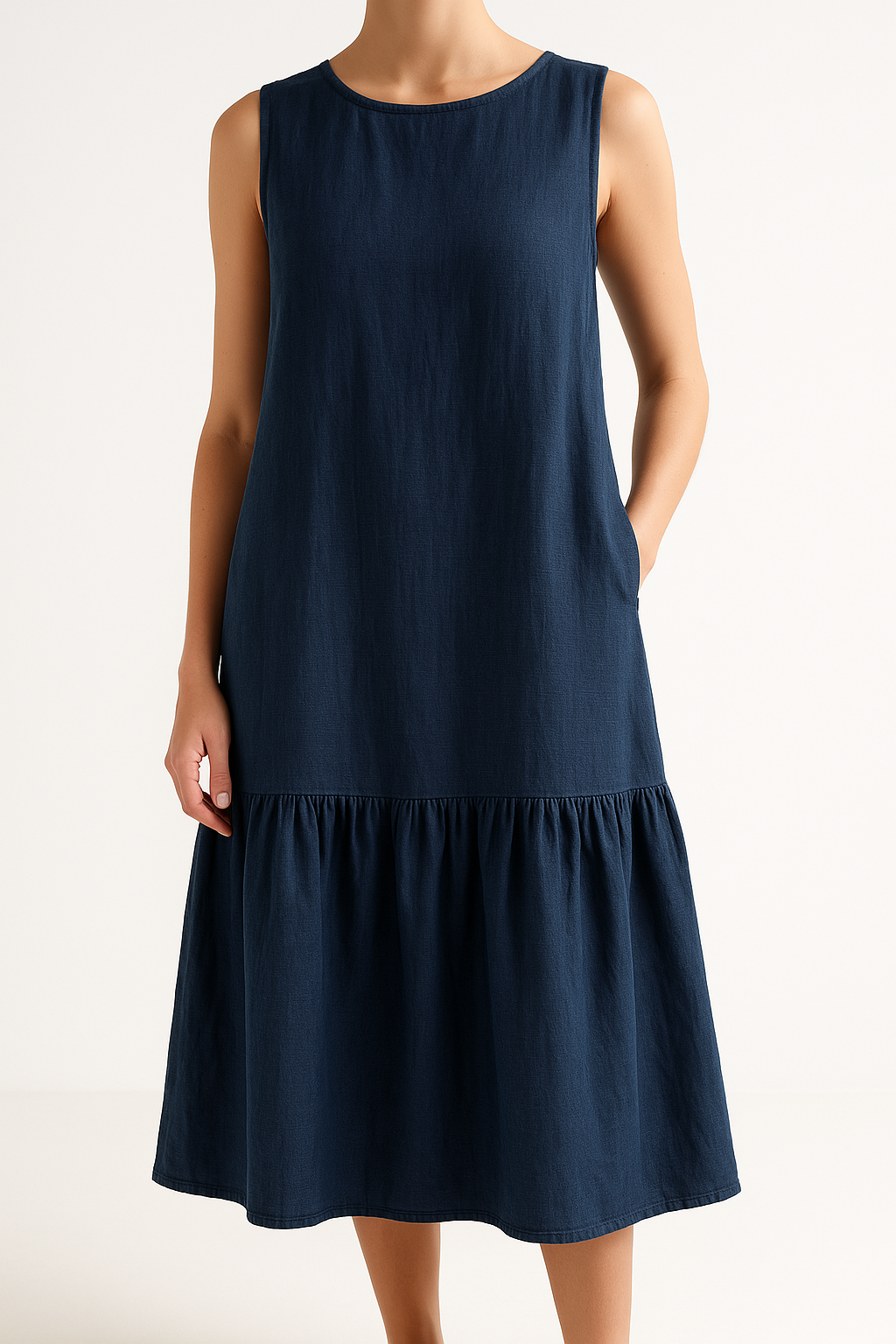Linen Blend Ruffle Edge Loose Fit Midi Dress