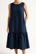 Women's Midi Dress – Sleeveless – Loose Fit – Linen Blend – Ruffle Edge – For Everyday Use