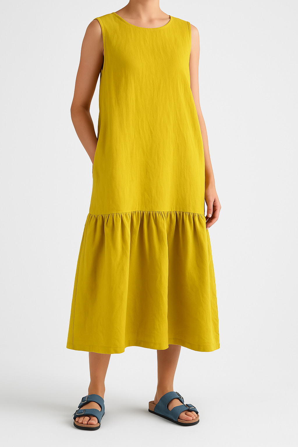 Linen Blend Ruffle Edge Loose Fit Midi Dress