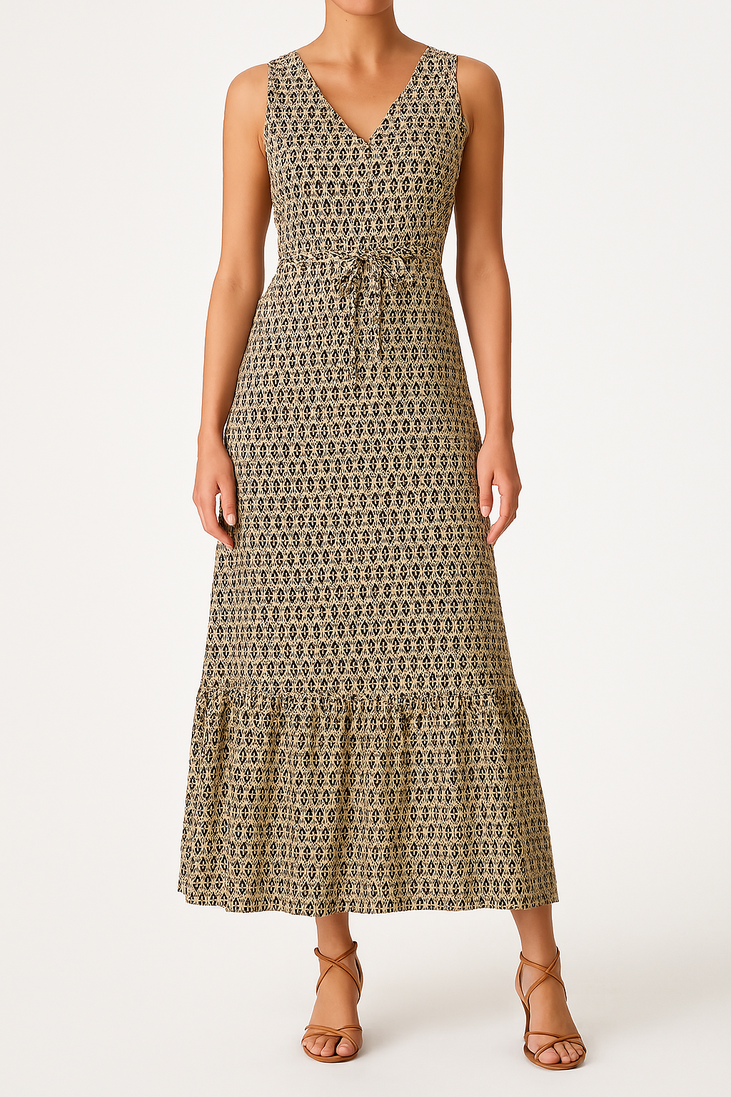 Women's Midi Dress – Sleeveless – Bohemian Print – V-neck – Waistband – Light and Airy